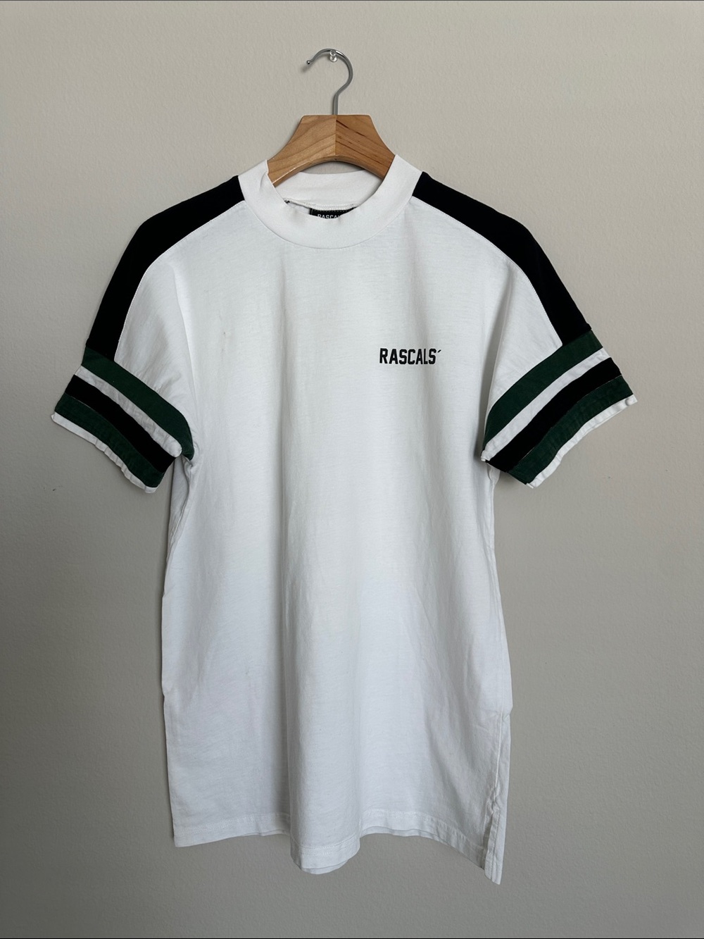 Cals White Short Sleeve Tee with Black Shoulders and Green Stripes
